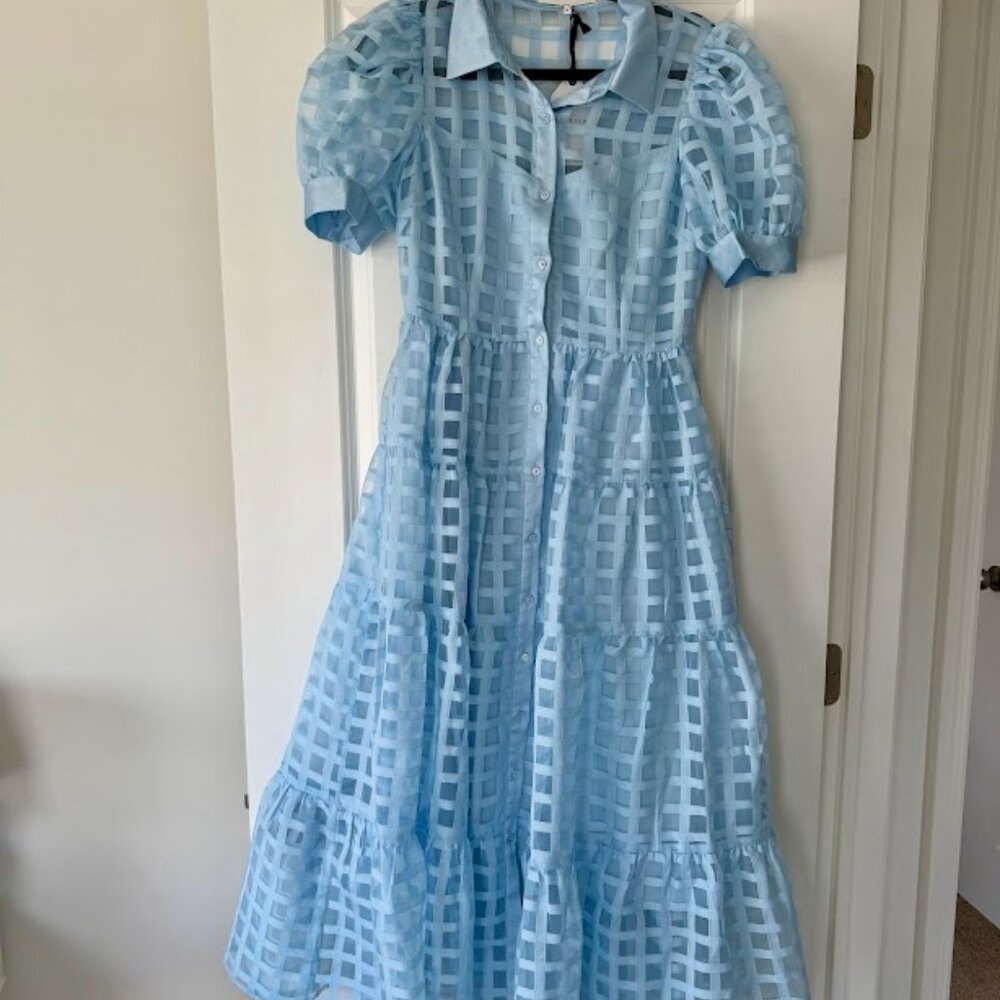 Brand New Light Blue English Factory Gridded Organza Tiered Collared Maxi Dress